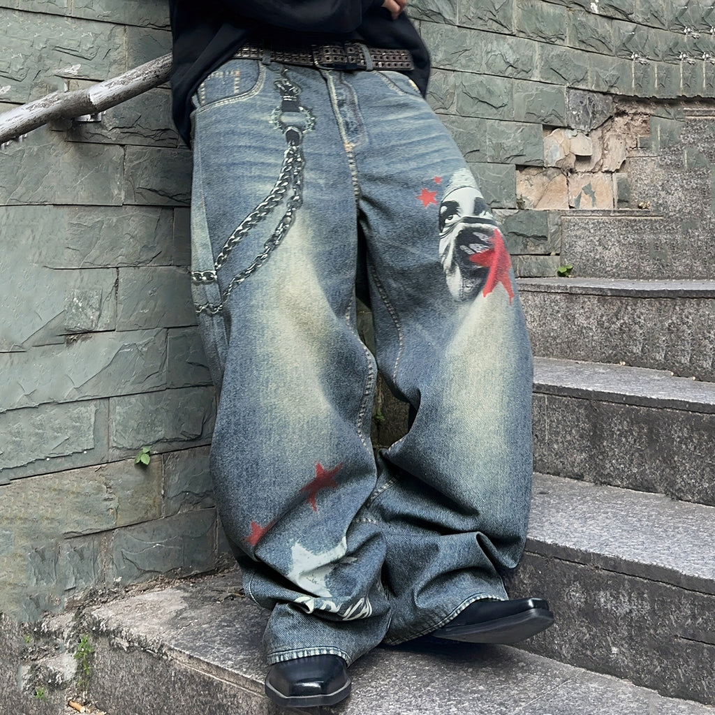 Men's Wide-leg Jeans With Star Chain Print