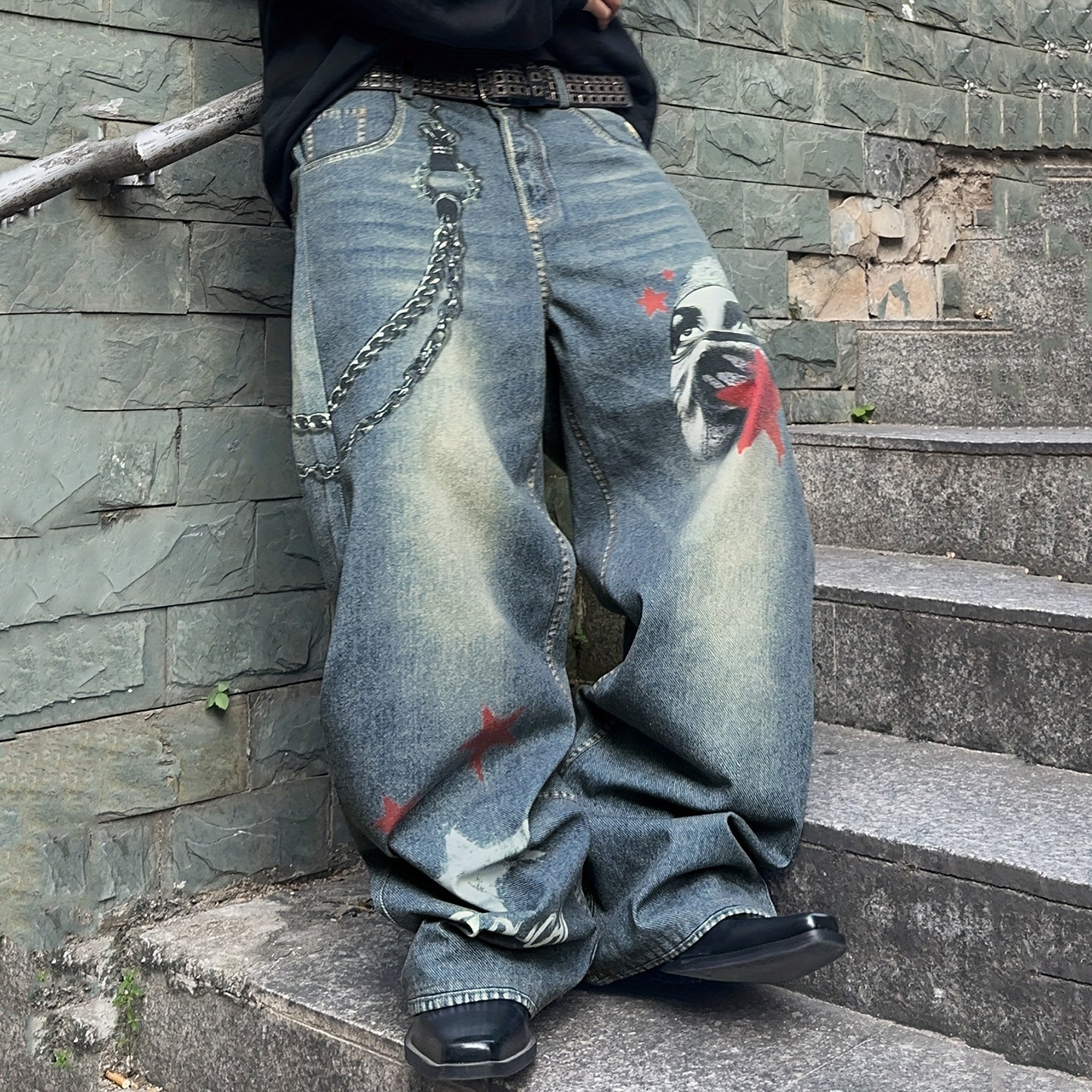 Men's Wide-leg Jeans With Star Chain Print