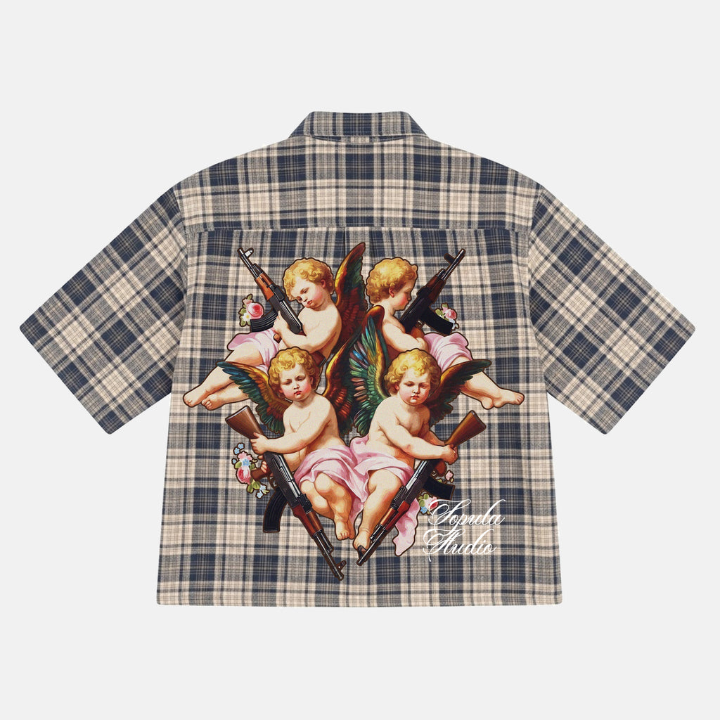 Defeat Angel Retro Floral Graphic Plaid Jacket Shirt