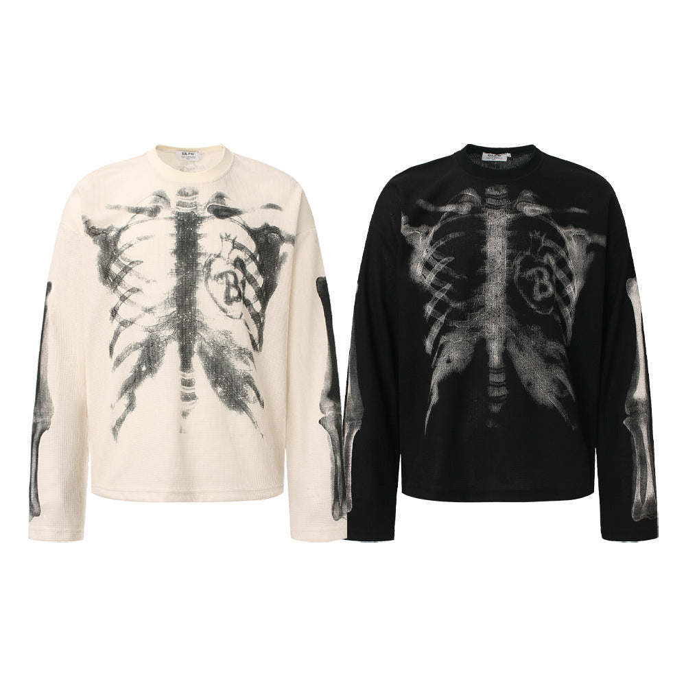 Retro Waffle Skeleton Print Long-sleeved T-shirt
