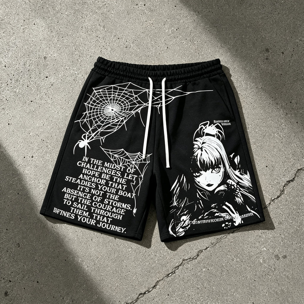 Men's Japanese Harajuku Casual Loose Fit Cartoon Print Pocket Drawstring Shorts