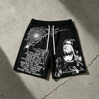 Men's Japanese Harajuku Casual Loose Fit Cartoon Print Pocket Drawstring Shorts