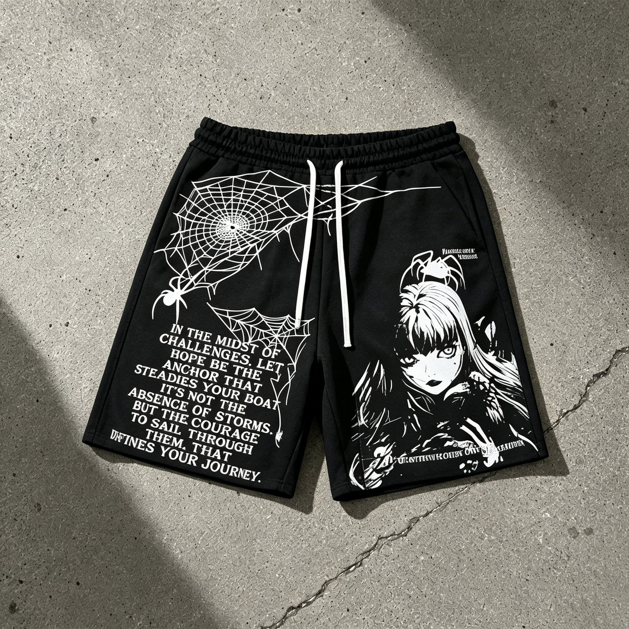 Men's Japanese Harajuku Casual Loose Fit Cartoon Print Pocket Drawstring Shorts