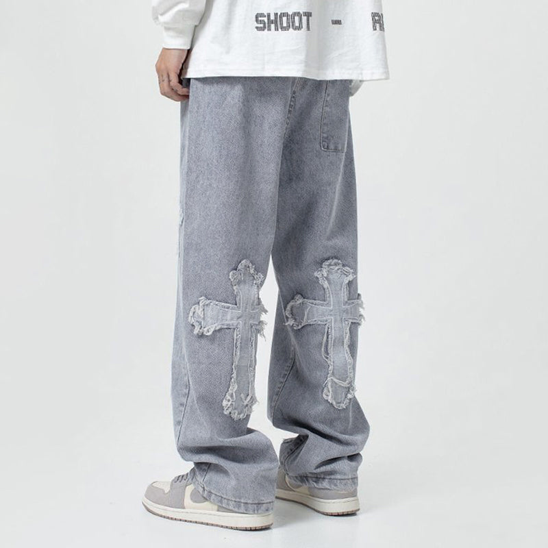 Denim Embroidery Cross Patch Street Jeans