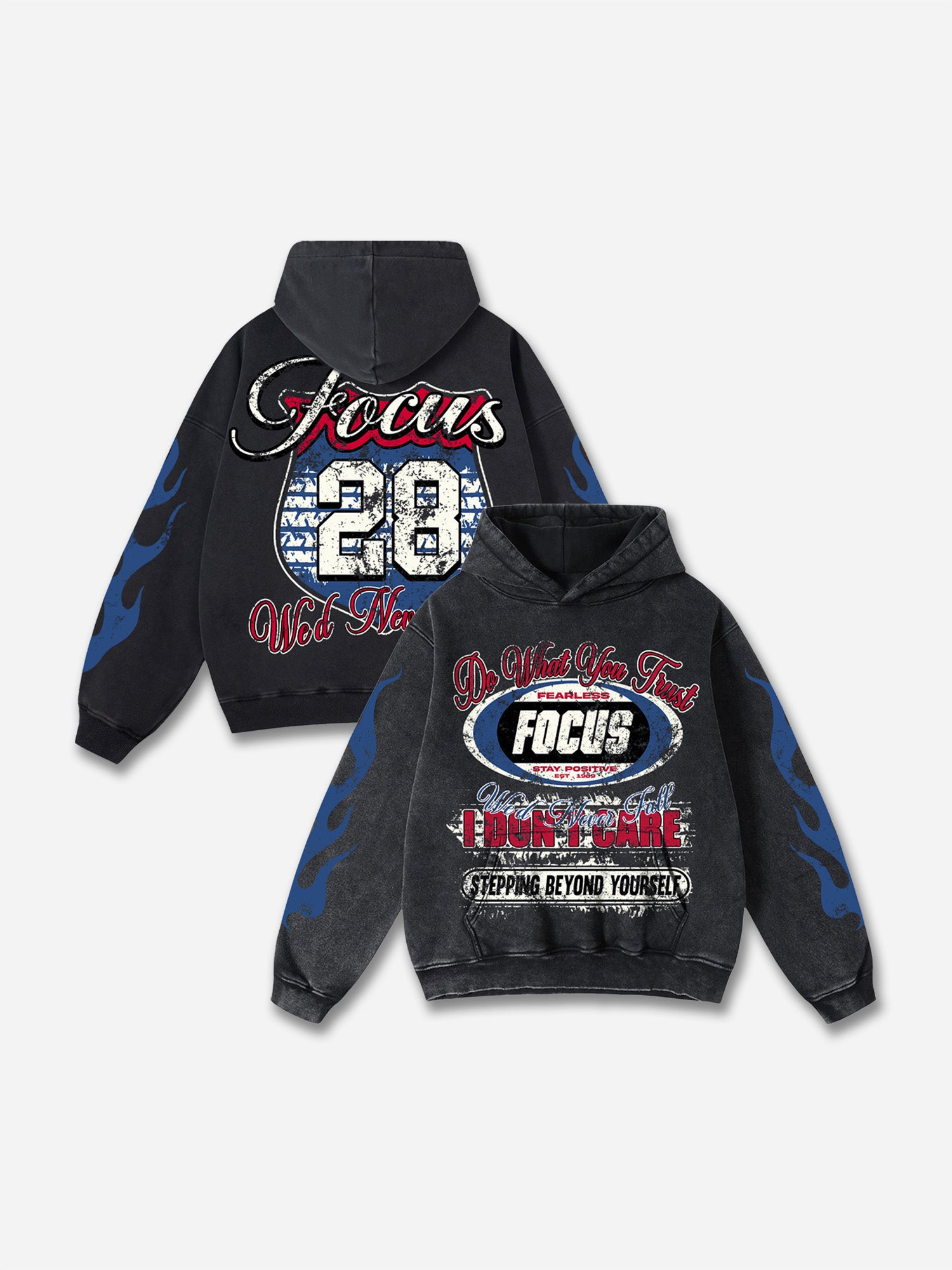 No. 28 Racing Elements Vintage Prints Graphic Acid Wash Hoodie