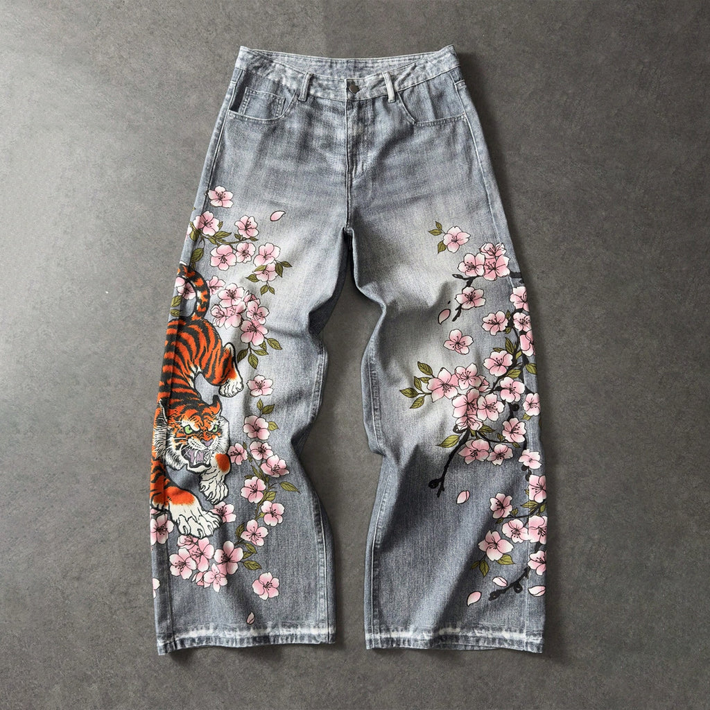 Retro Japanese Floral Tigerbloom Loose Jeans