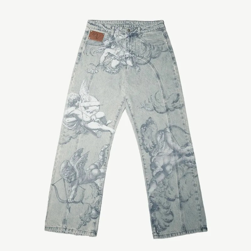Millennial Cupid Angel Print Hip-hop Baggy Jeans