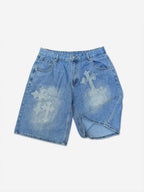 Cross Rhinestone Graphic Denim Shorts