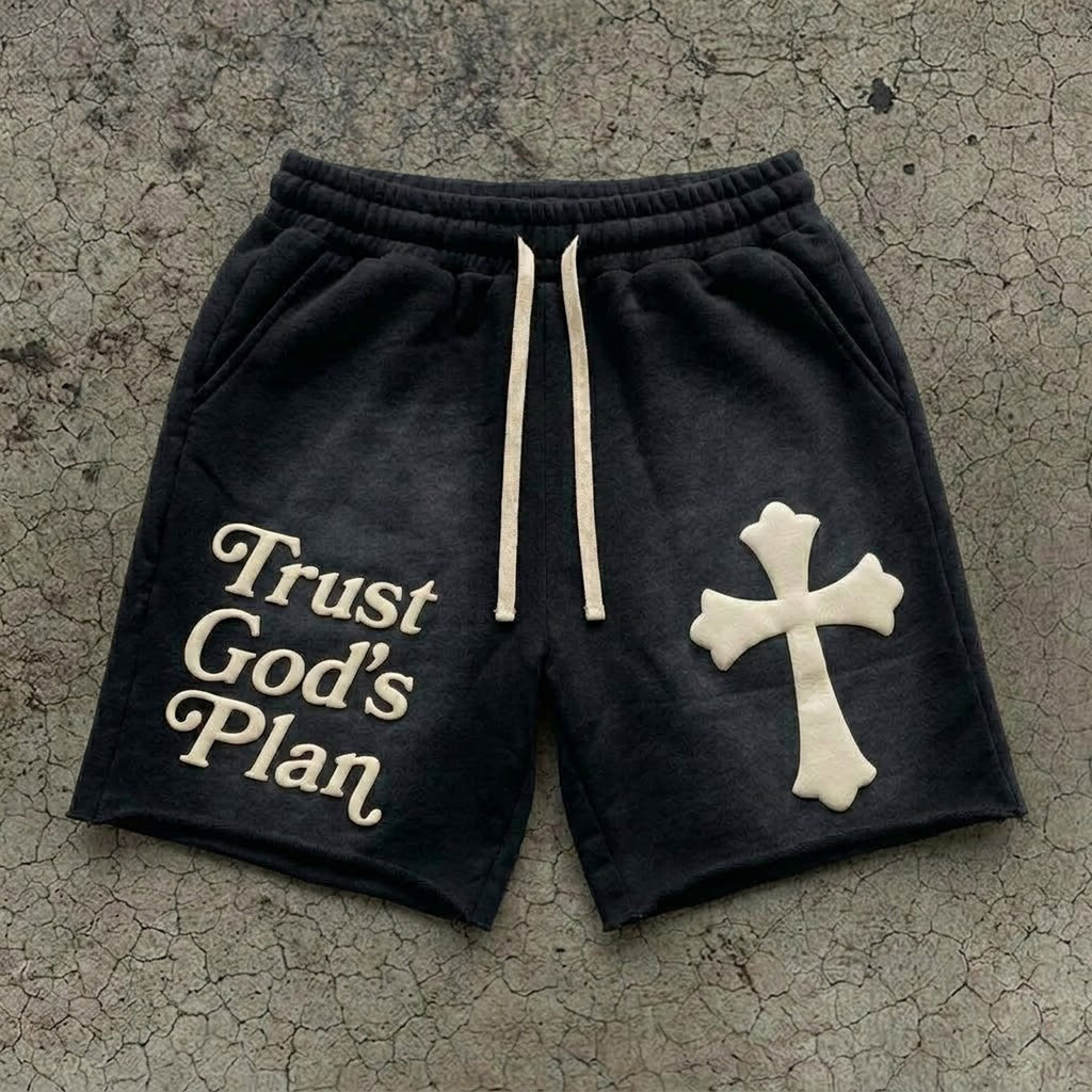 Trust God's Plan Foaming Process Graphic Washed Shorts