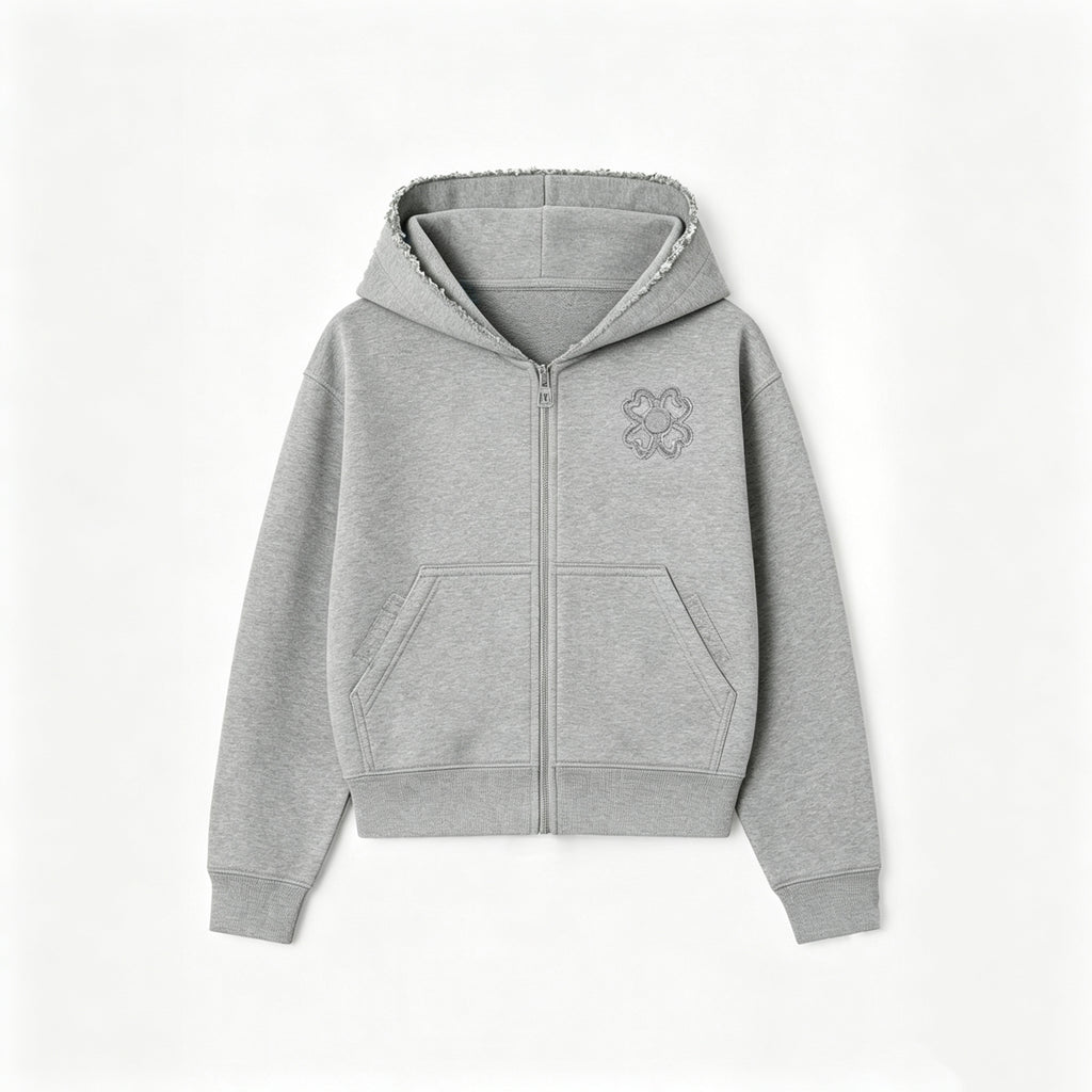 Stylish Four-leaf Clover Embroidered Zip-up Sweatshirt And Sweatpants Set
