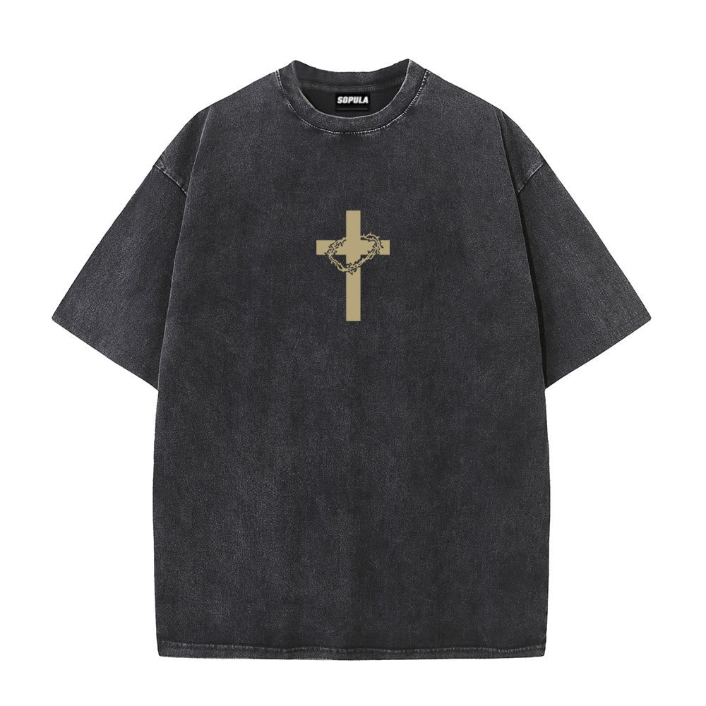 Jesus With Crown Of Thorns Graphic Acid Washed T-shirt