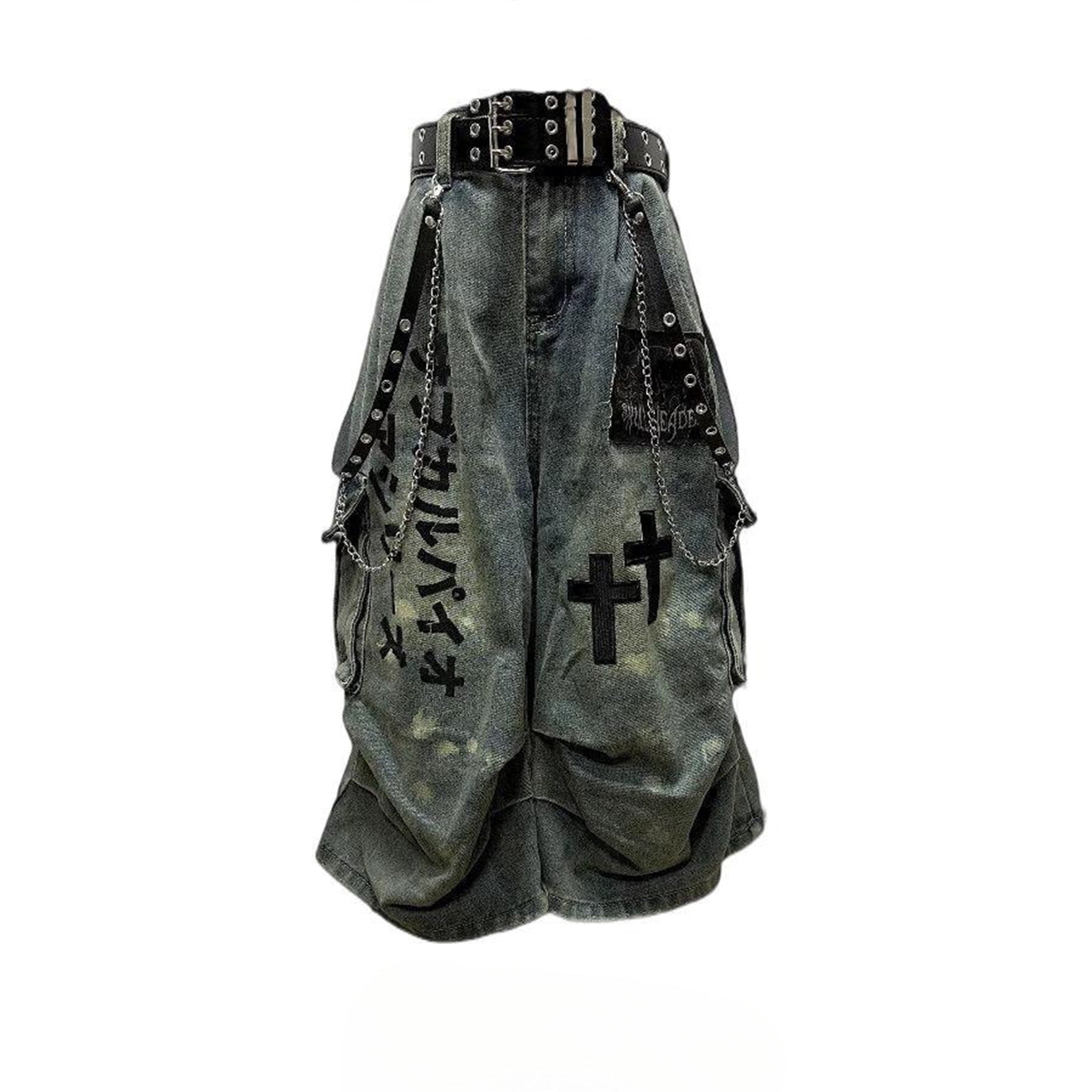 Hip-Hop Gothic Cross-style Denim Capri Baggy Jeans