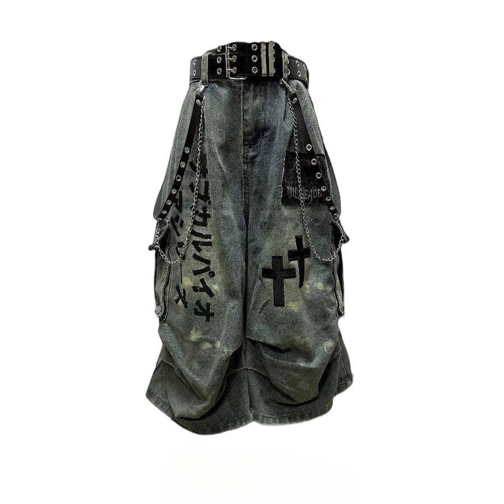 Hip-Hop Gothic Cross-style Denim Capri Baggy Jeans
