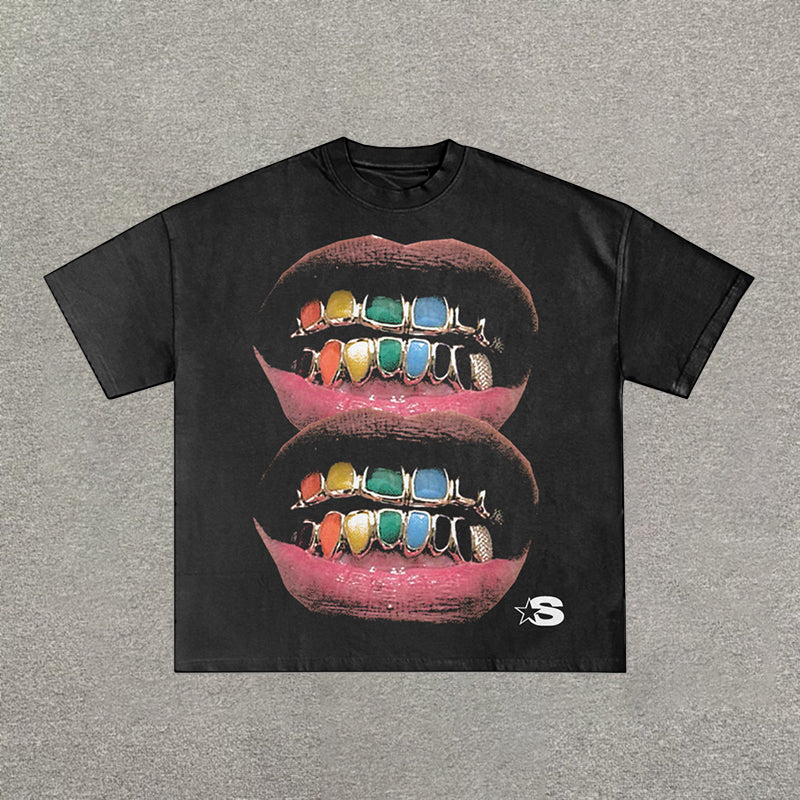 Personalized Loose Lip Print 100% Cotton Short Sleeve T-Shirt