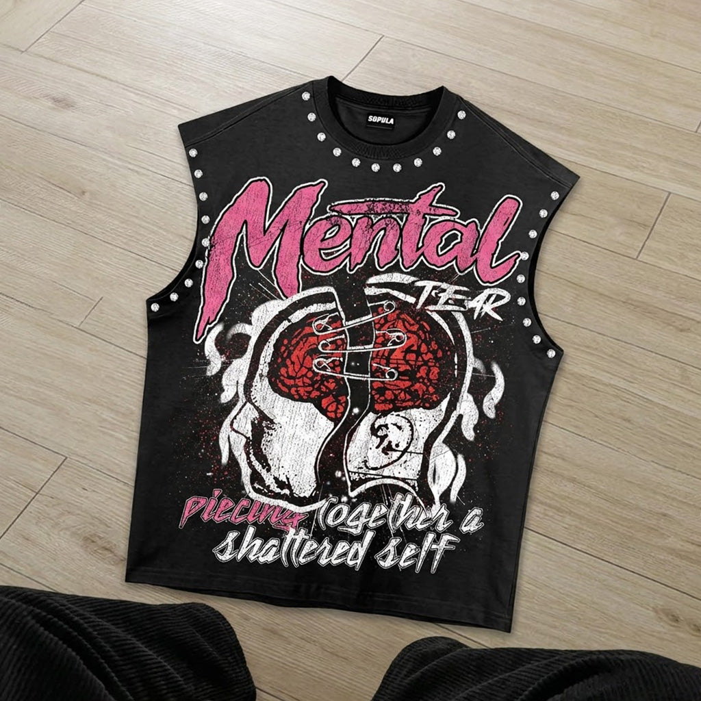 The Retro Spirit Of Streetwear Is Torn Apart Graphic Rhinestone Tank Top