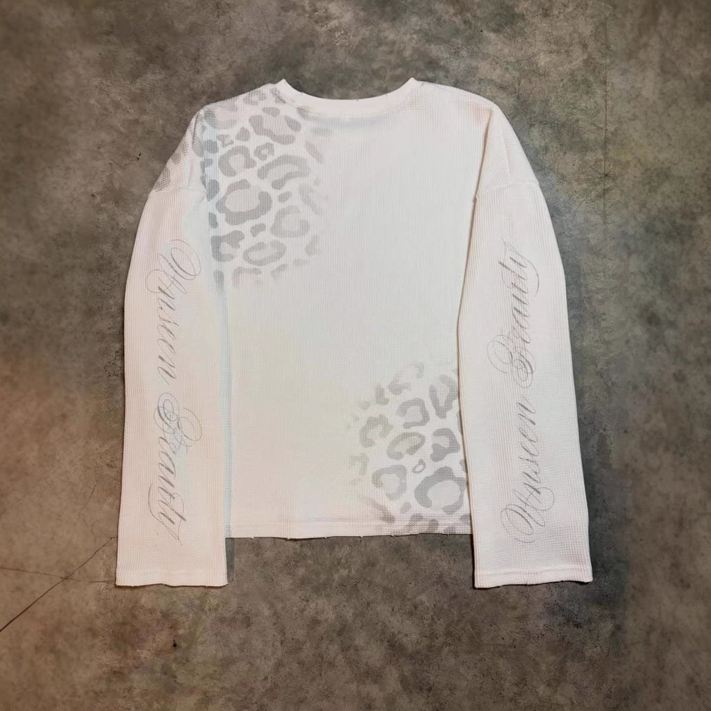 Leopard Print Letter Waffle Print Long-sleeved T-shirt