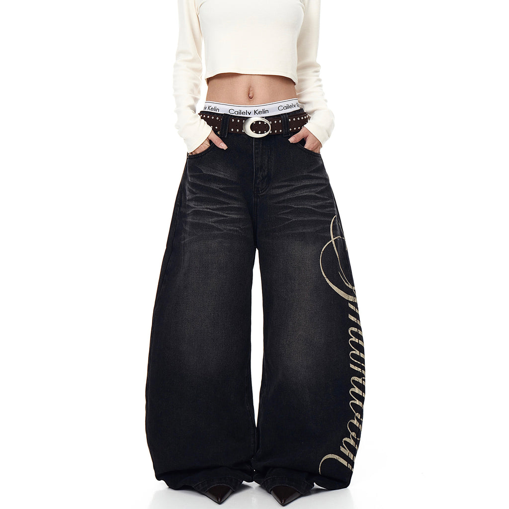 Retro Letter High Street Scimitar Stitching Wide  Jeans