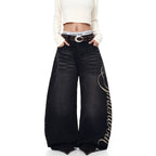 Retro Letter High Street Scimitar Stitching Wide  Jeans