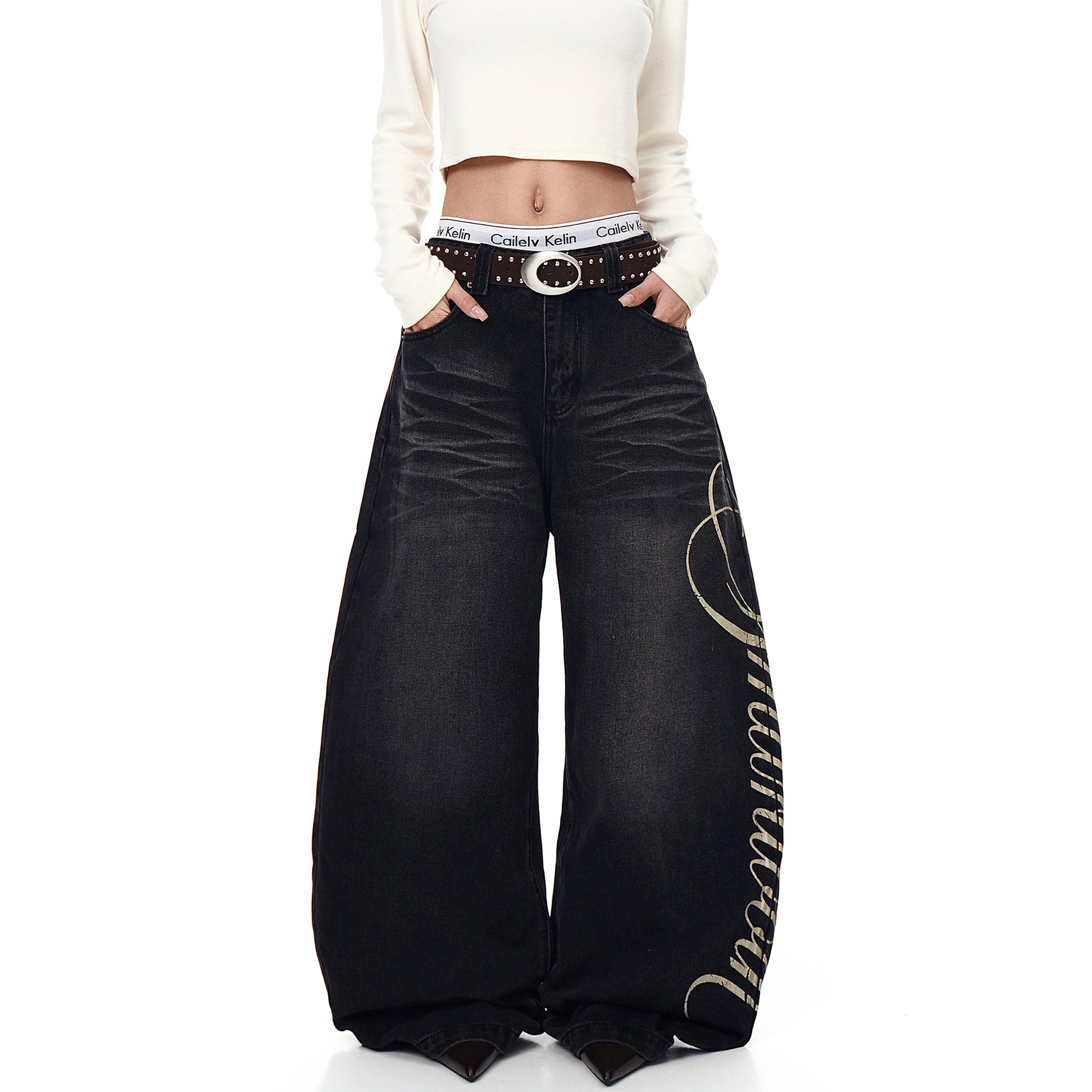 Retro Letter High Street Scimitar Stitching Wide  Jeans