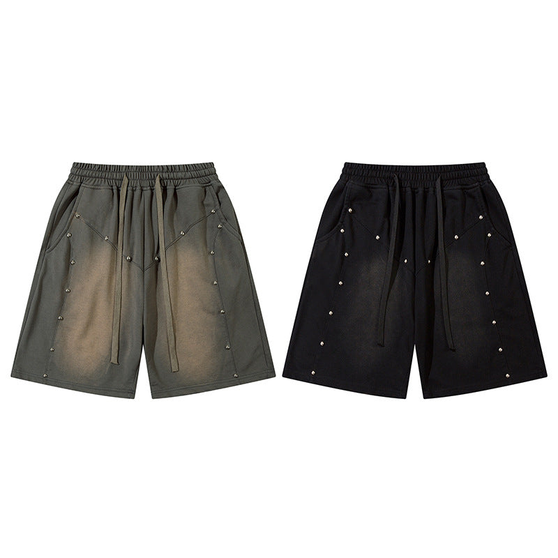 Men's Retro Acid Washed Drawstring Metal Sports Shorts