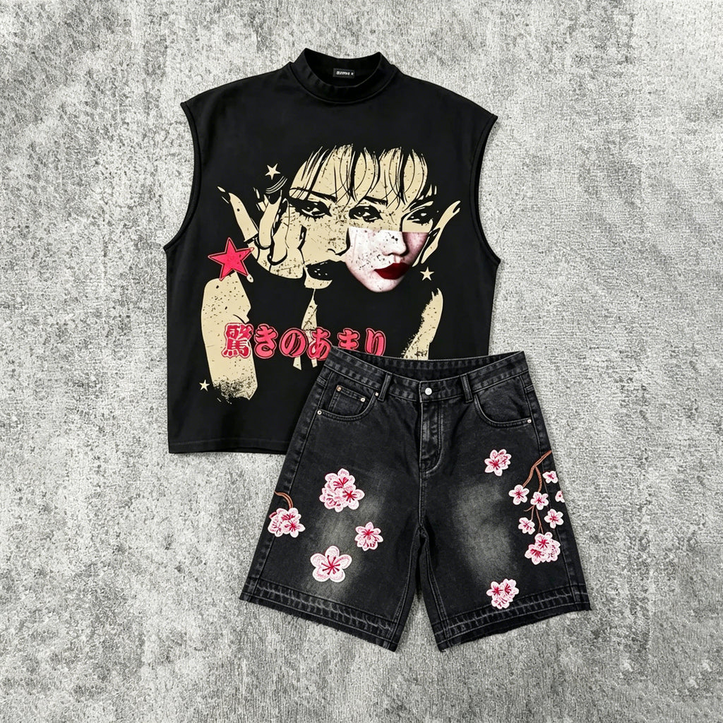 Fashion Tokyo Cherry Blossom Character Vest And Jorts Set