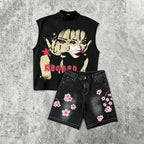Fashion Tokyo Cherry Blossom Character Vest And Jorts Set