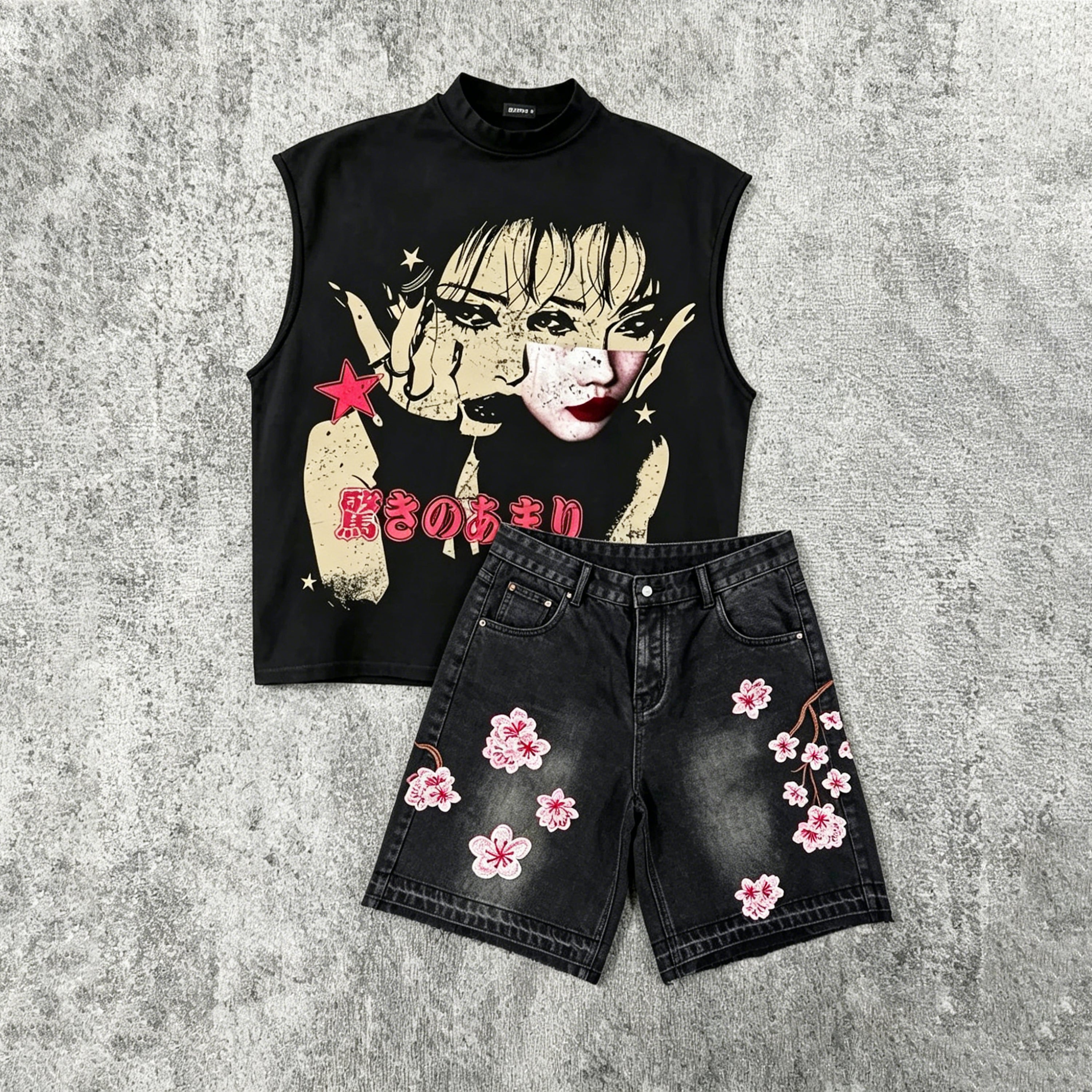 Fashion Tokyo Cherry Blossom Character Vest And Jorts Set