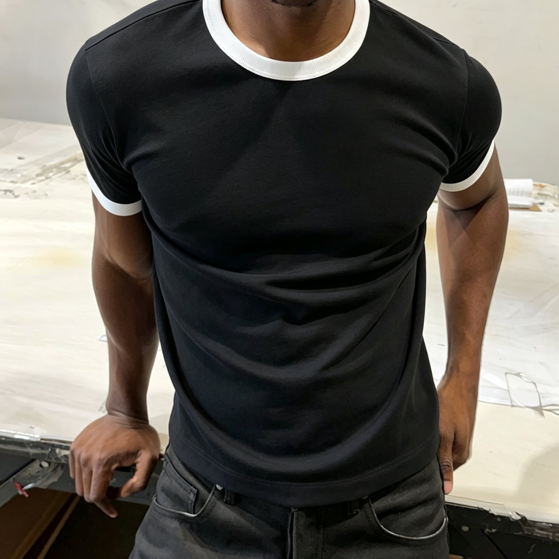 Contrasting Color-blocked Pure Cotton Crew Neck  Tee
