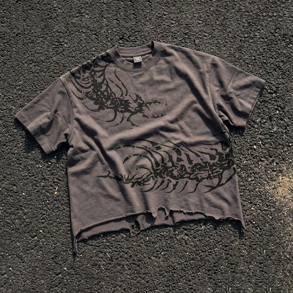 Y2k Dark Centipede Print Graphic Crop Ripped T-shirt