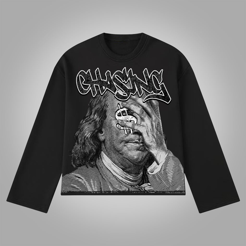 Vintage Chase Money Graphic Print Cotton Long Sleeve T-Shirt