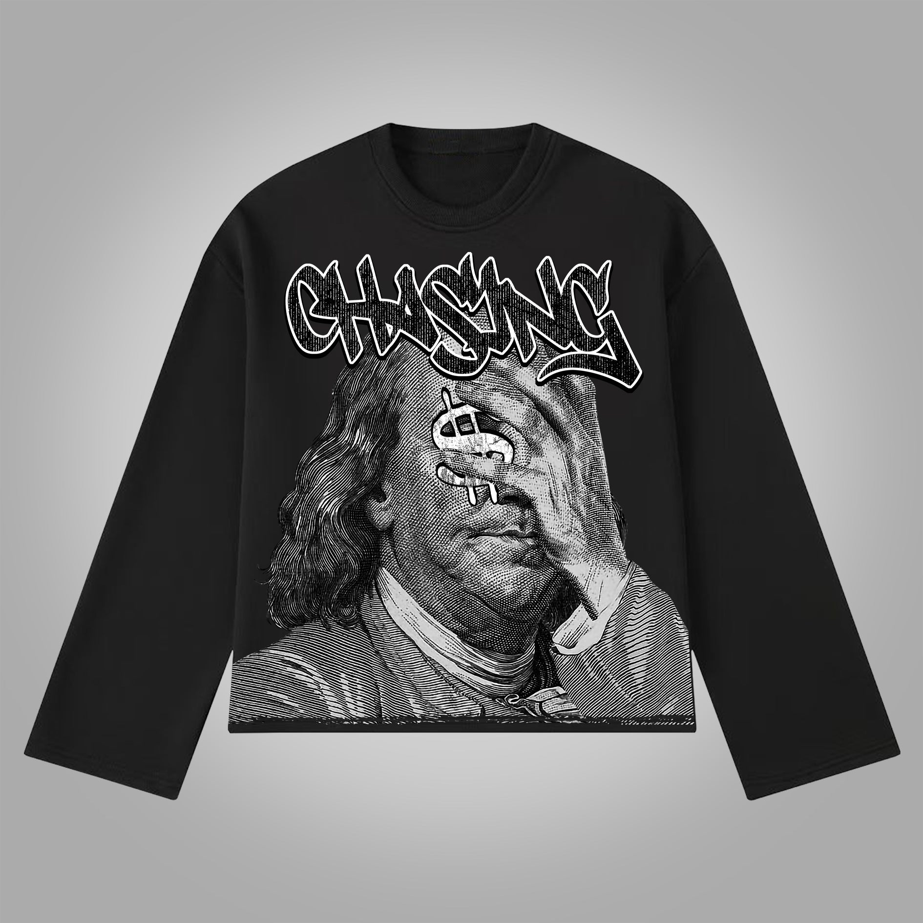 Vintage Chase Money Graphic Print Cotton Long Sleeve T-Shirt