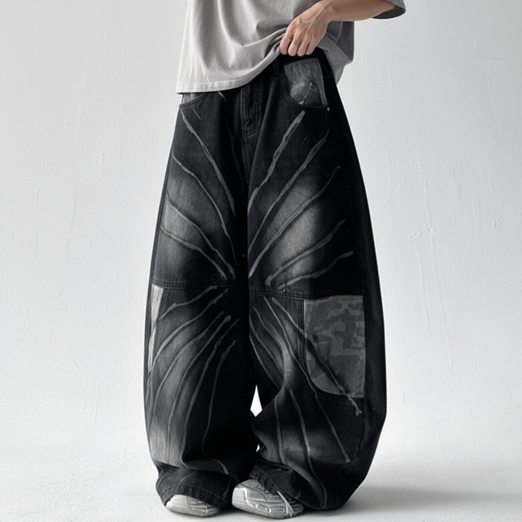 Streetwear Lightning Camo Washed Blade Baggy Jeans