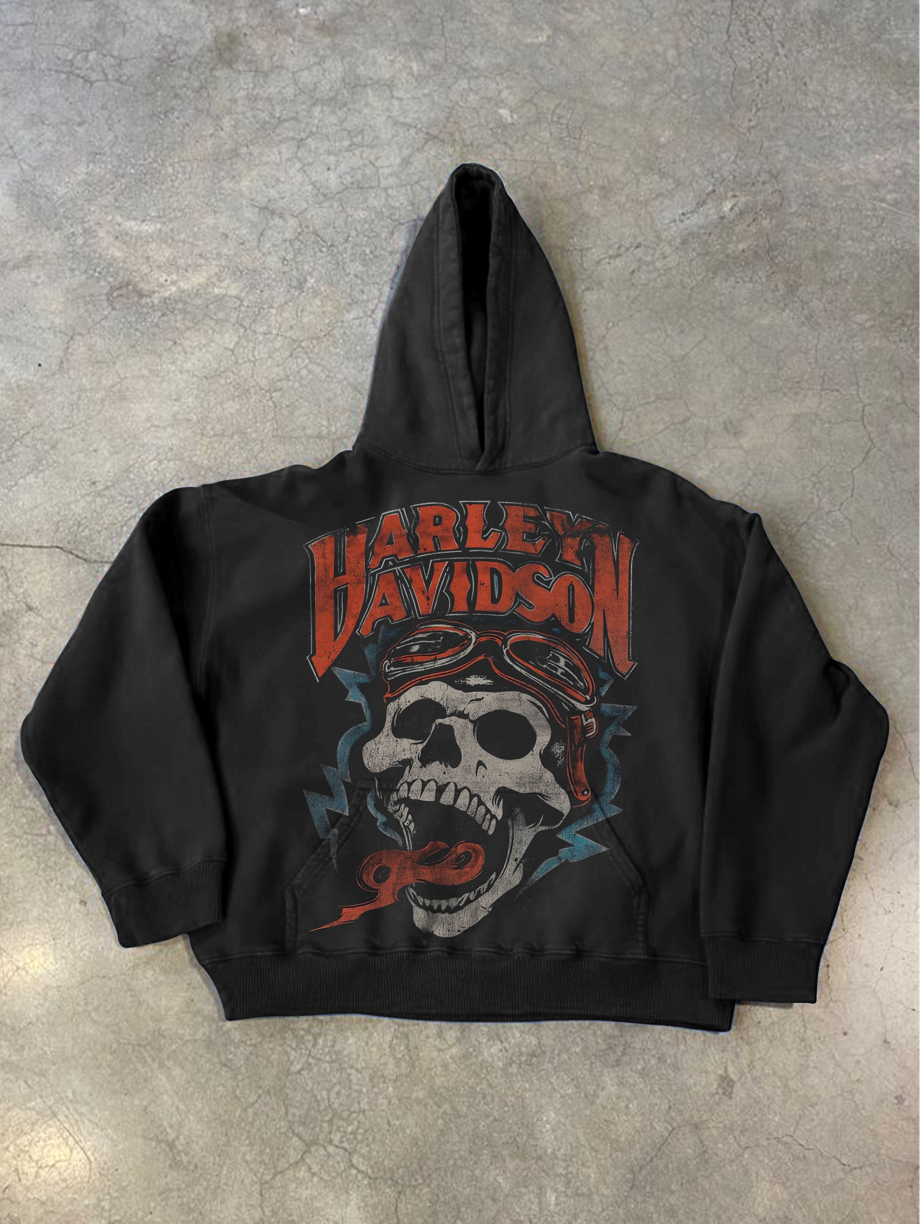 Vintage Hip-hop Harley Davidson Skull Graphic Hoodie