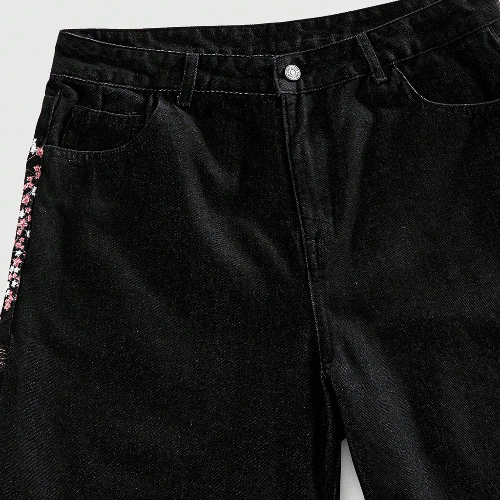 Men's Retro Plum Blossom Embroidered Loose Denim Jorts