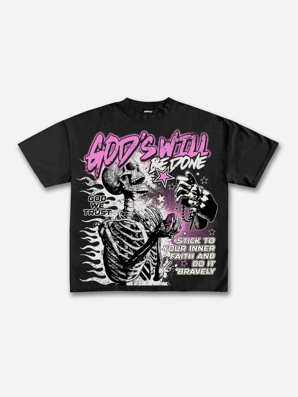 God's Will Be Done Flame Makes Old Beliefs Skull Graphic Cotton T-shirt