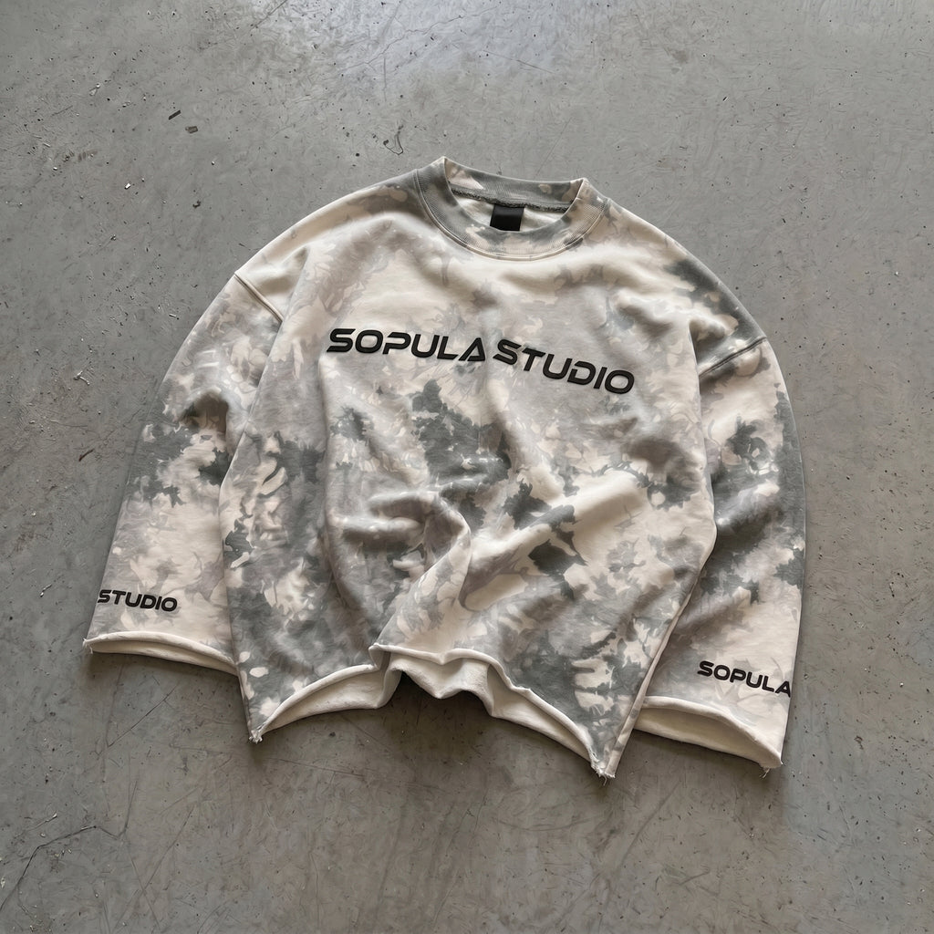 Camouflage Marble Texture Graphic Boxy Crop Crimped Edge T-shirt