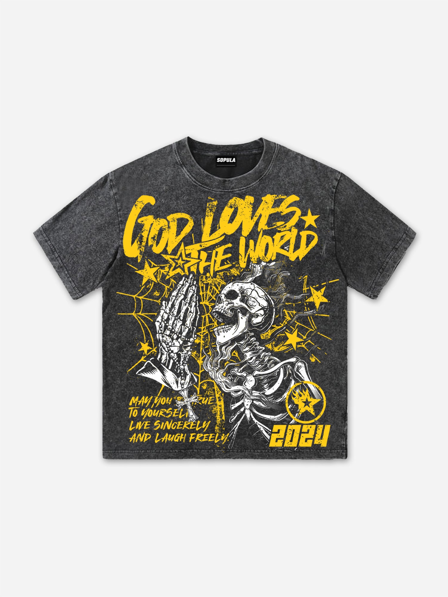 Men's Street God Loves The World Graphics Acid Washed T-shirt