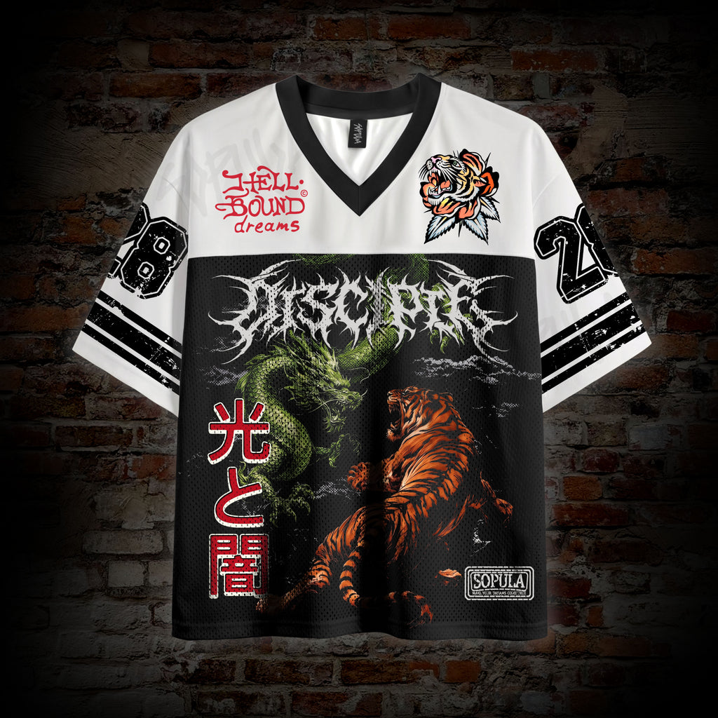 Light And Dark Dragon Vs Tiger Dark Japanese Style Graphic Mesh Jersey T-shirt
