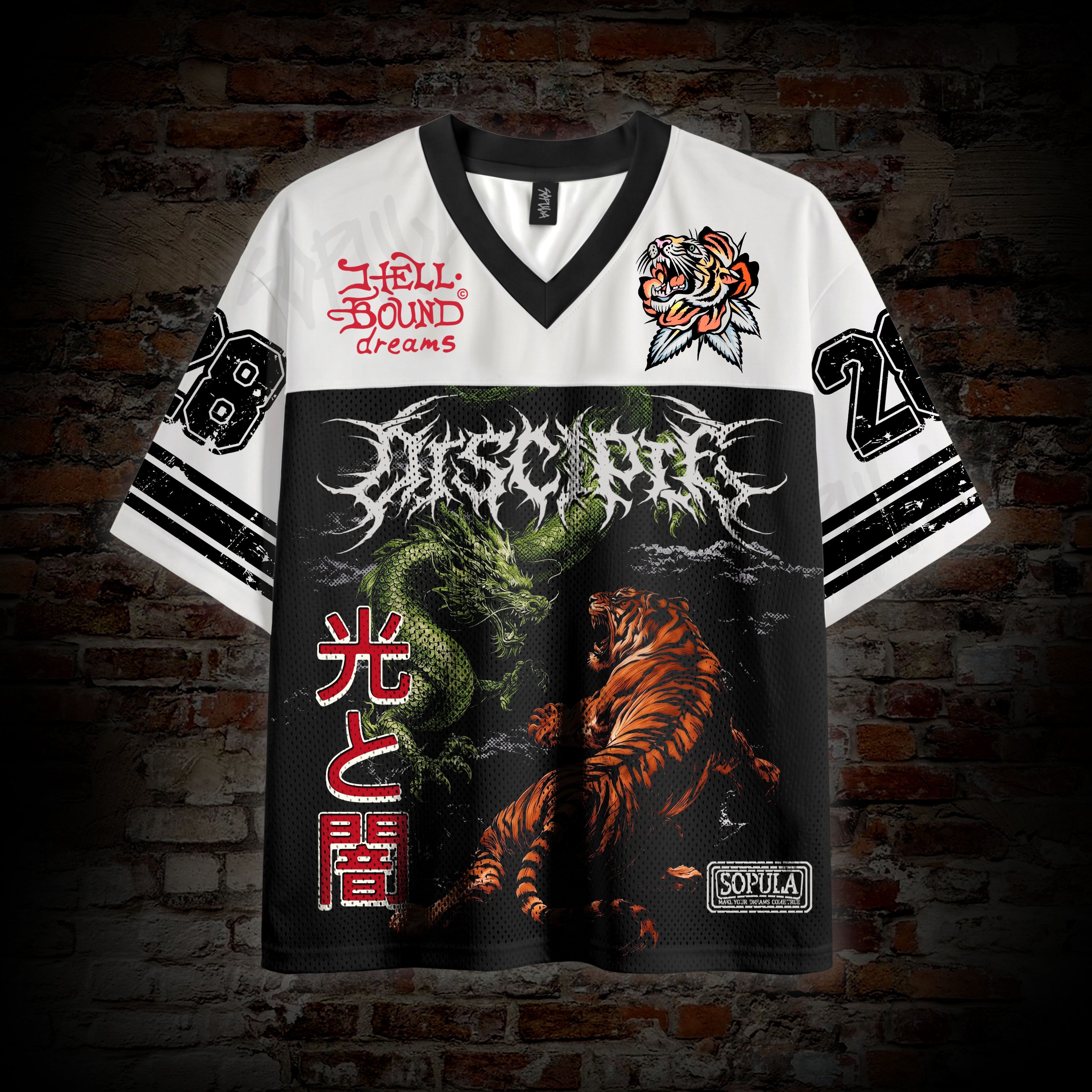 Light And Dark Dragon Vs Tiger Dark Japanese Style Graphic Mesh Jersey T-shirt