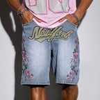 Men's Fashion Floral Letter Embroidered Denim Shorts Jorts