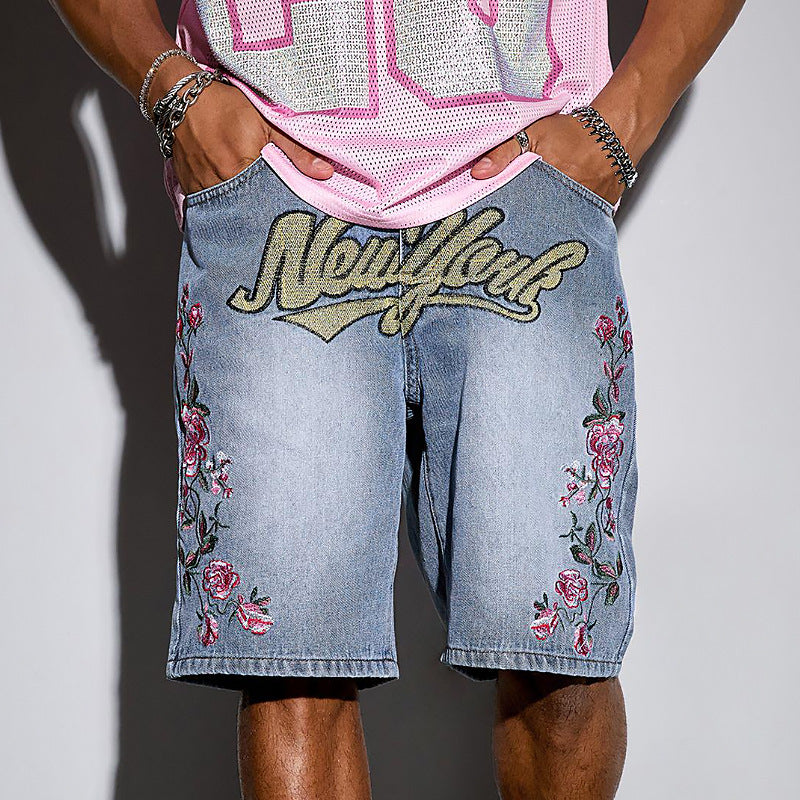 Men's Fashion Floral Letter Embroidered Denim Shorts Jorts