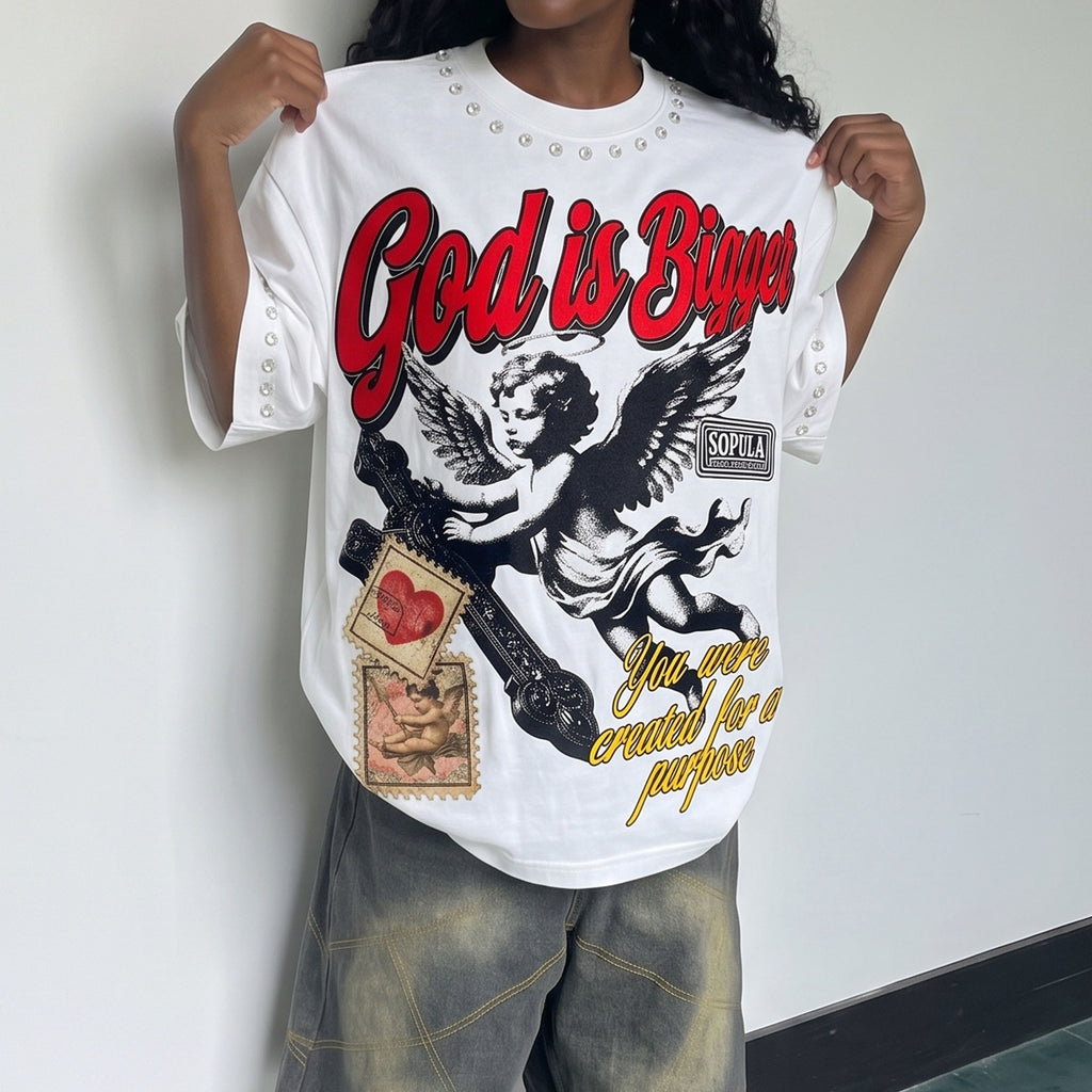 God Is Bigger Vintage Angel Graphic T-shirt