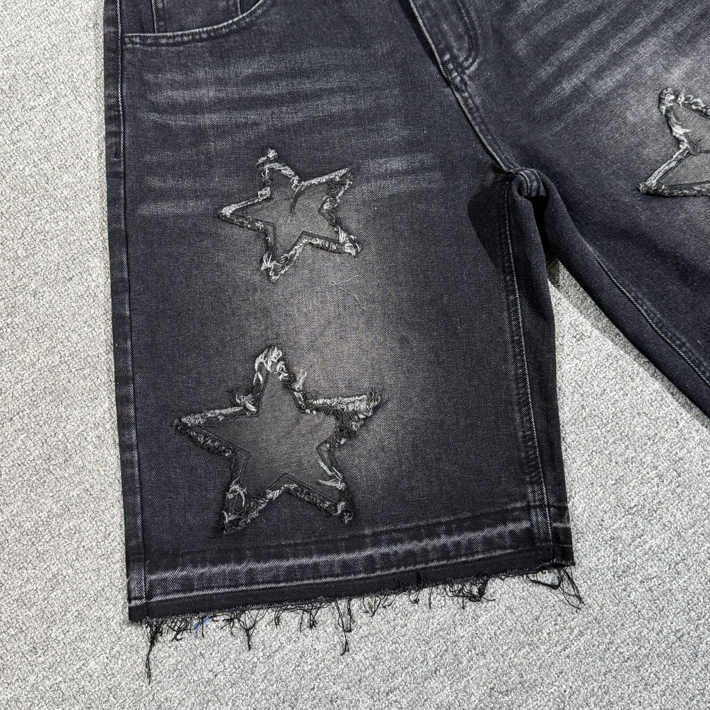 Streetwear Washed Distressed Star Appliqué Denim Jorts