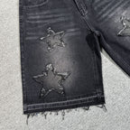 Streetwear Washed Distressed Star Appliqué Denim Jorts