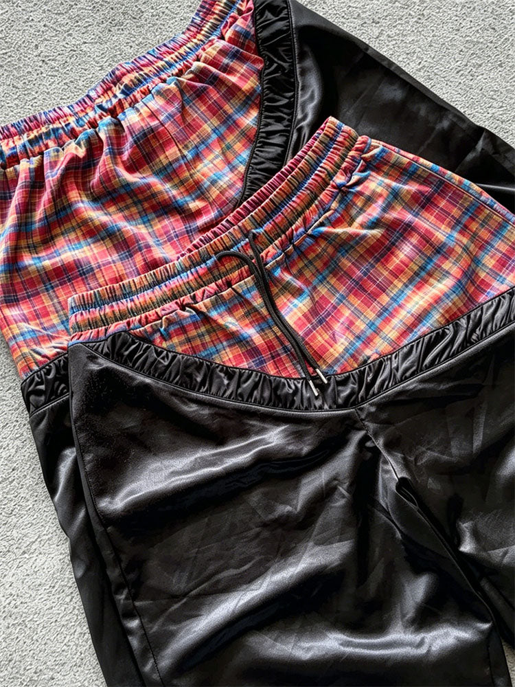 Fashionable Plaid Color-blocked Drawstring Casual Shorts