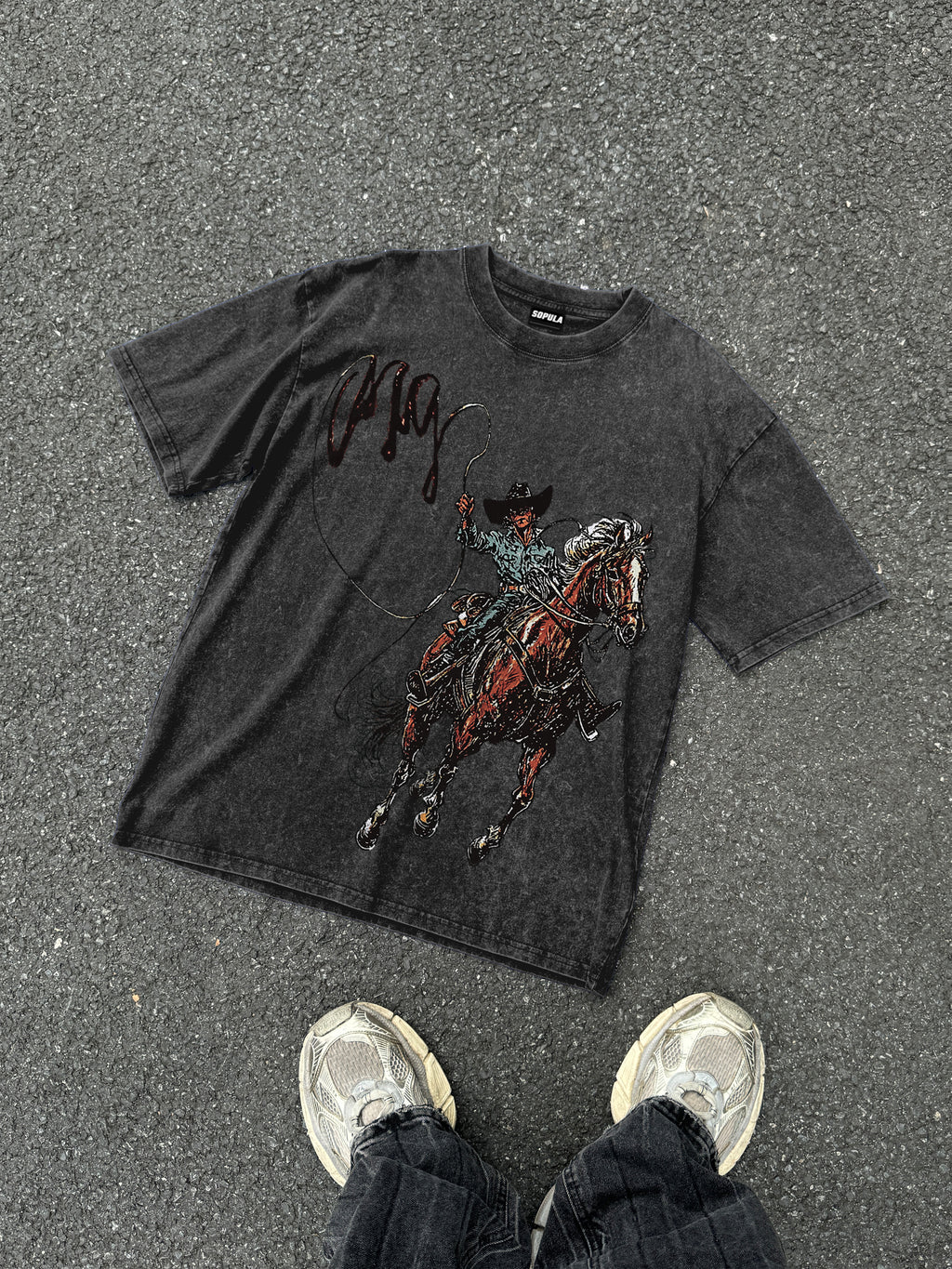 Men's Vintage Western Cowboy Graphic Acid Wash T-shirt