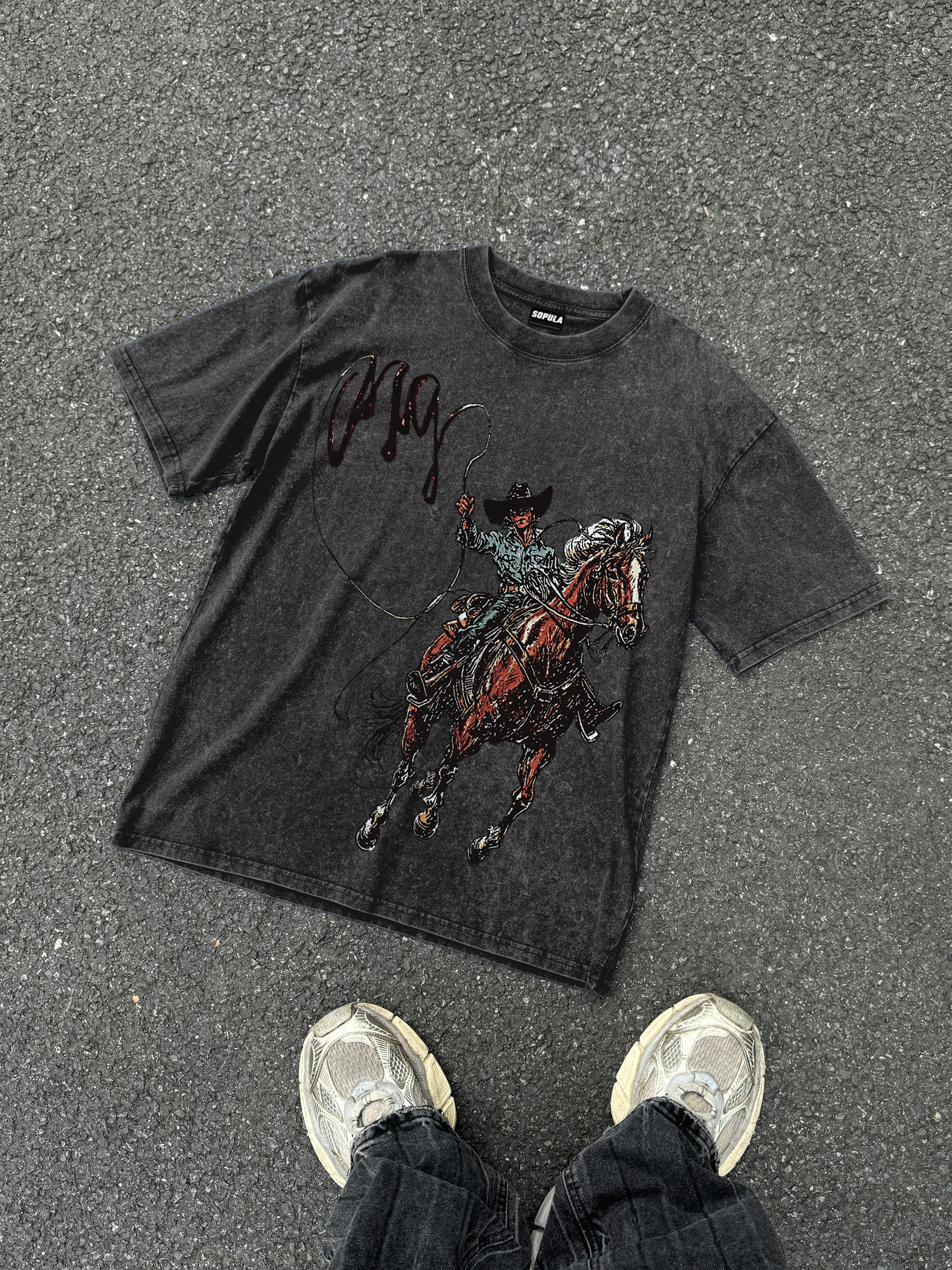 Men's Vintage Western Cowboy Graphic Acid Wash T-shirt