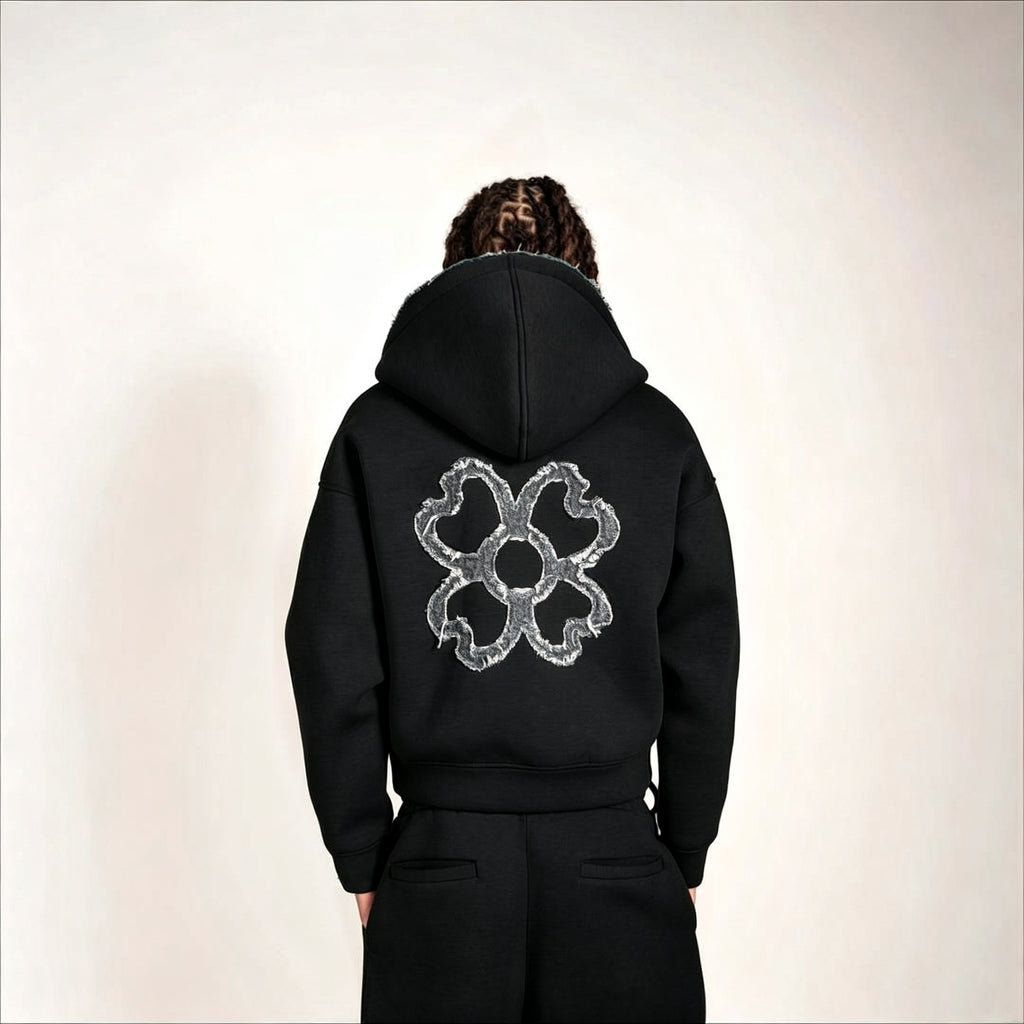 Stylish Four-leaf Clover Embroidered Zip-up Sweatshirt And Sweatpants Set