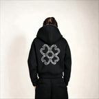 Stylish Four-leaf Clover Embroidered Zip-up Sweatshirt And Sweatpants Set