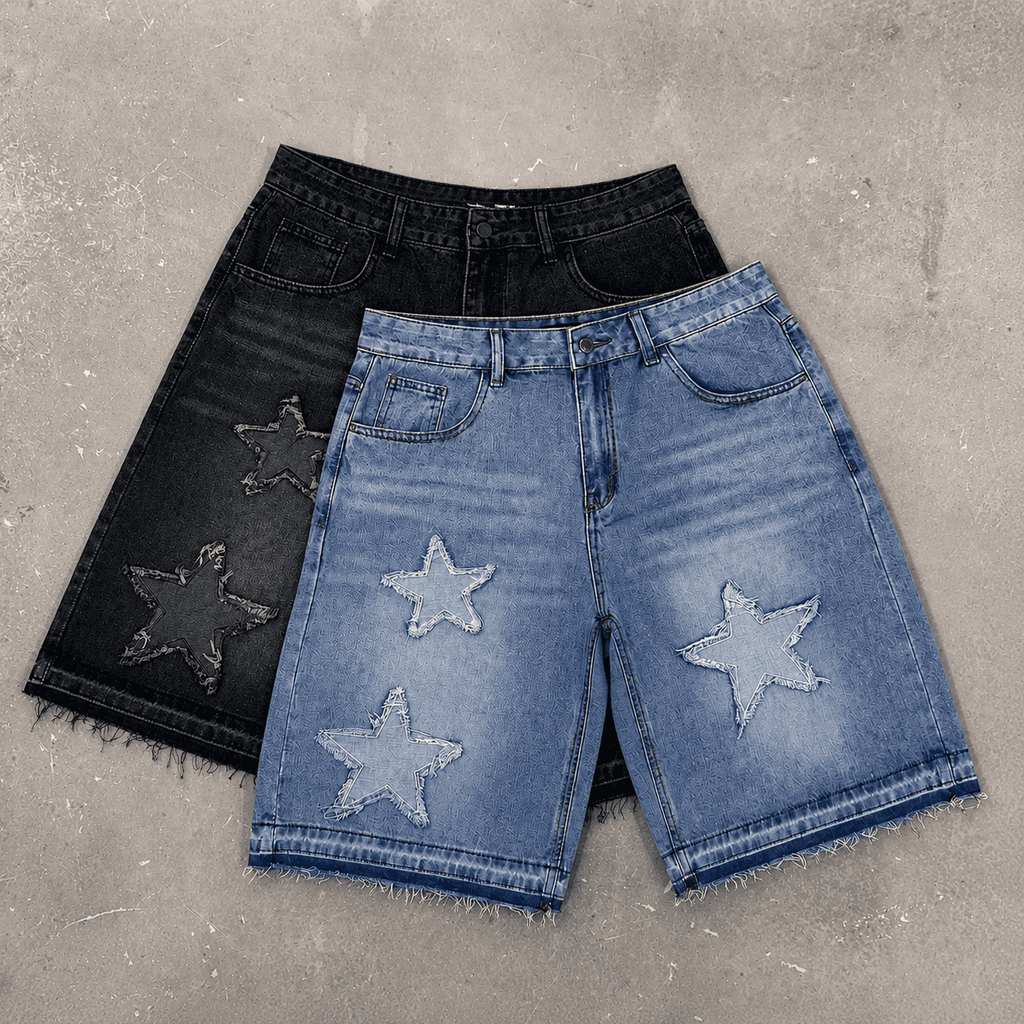 Streetwear Washed Distressed Star Appliqué Denim Jorts
